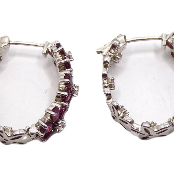 Chuck Clemency Sterling Silver Rhodolite Garnet Flowers Hoop Earrings - Picture 8 of 8